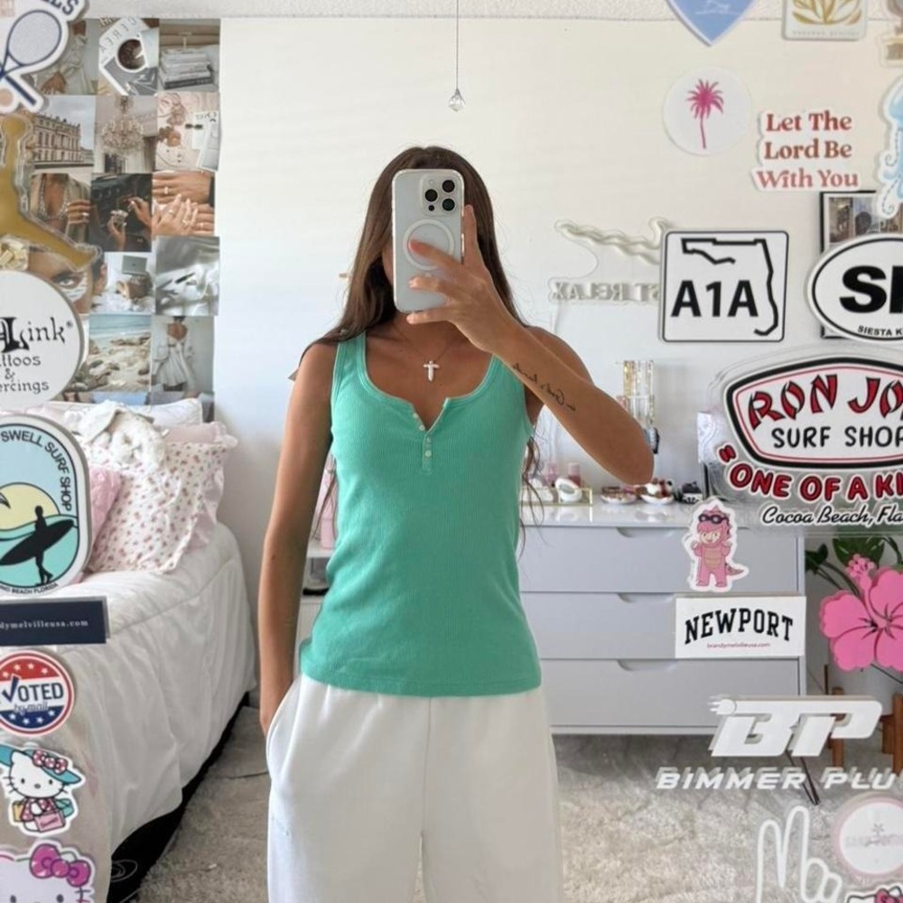 Rare Brandy Melville Teal Ribbed Button Tank Top - Picture 2 of 7